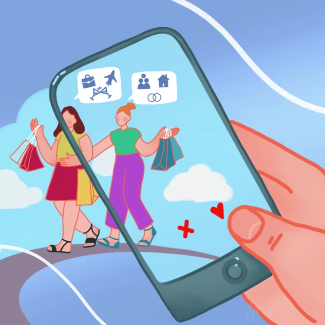 Смартфон, направленный на девушек показывает их ценности